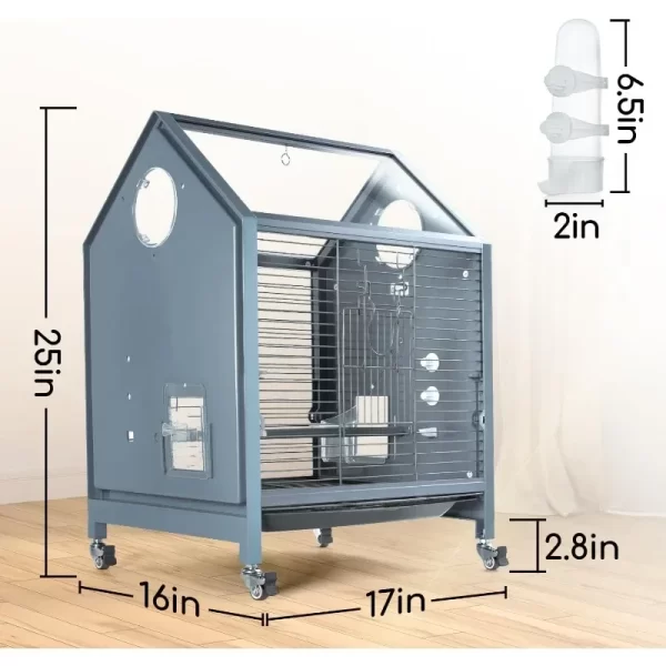 Acrylic Bird Cage, 25 Inch Deluxe Rolling  Cage with Acrylic Panel Medium Bird Cage Kit with Bird Feeders, Water Bottle, - Image 6