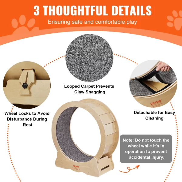 VEVOR Cat Exercise Wheel Natural Wood Silent Running Toy Treadmill Roller Wheel with Detachable Carpet for Most Cats Pet Fitness - Image 6