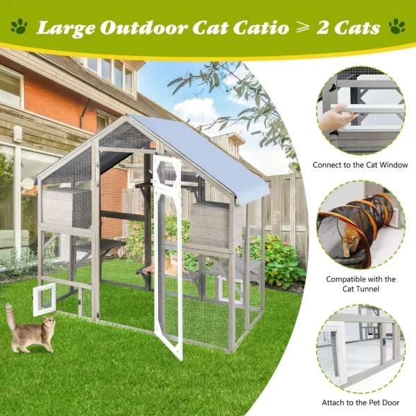 Cat Catio Outdoor Enclosure Outside Patio Large Catio House for Indoor 2-3 Cats Weatherproof Wooden Walk in Kitty Kennel - Image 5