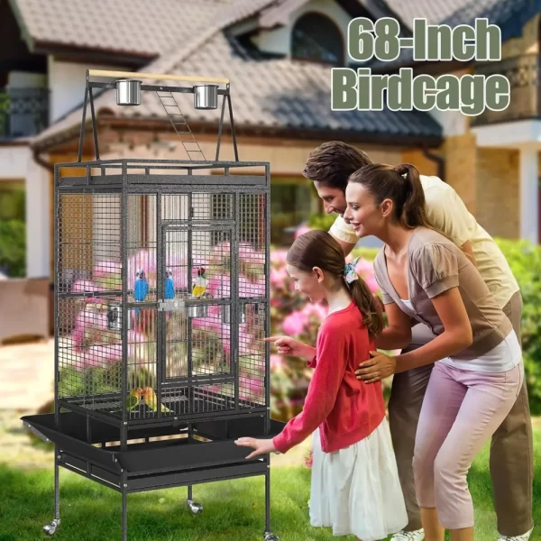 Playtop Parrot Cage, Wrought Iron Bird Cage with Rolling Stand, Heavy-Duty Pet Bird House - Image 3