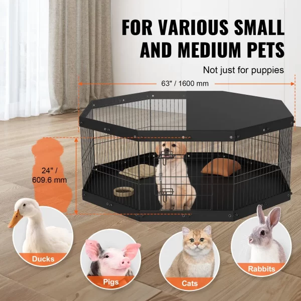 Dog Playpen, 8 Panels Foldable Metal Dog Exercise Pen with Top Cover and Bottom Pad, 24" H Pet Fence Puppy Crate Kennel