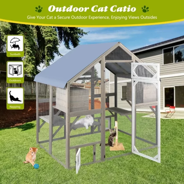 Cat Catio Outdoor Enclosure Outside Patio Large Catio House for Indoor 2-3 Cats Weatherproof Wooden Walk in Kitty Kennel - Image 2