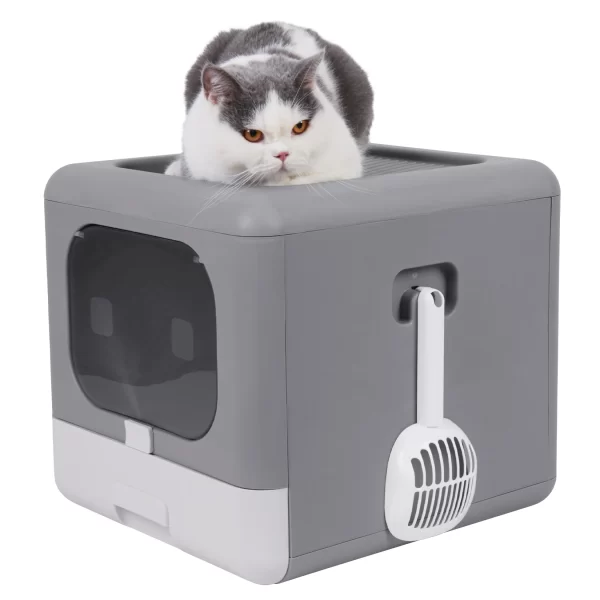 Cat Litter Box with Scoop and Tray Sifting Enclosed Foldable Kitten Toilet Detachable Poop Top Front Entry Pet Supplies - Image 7