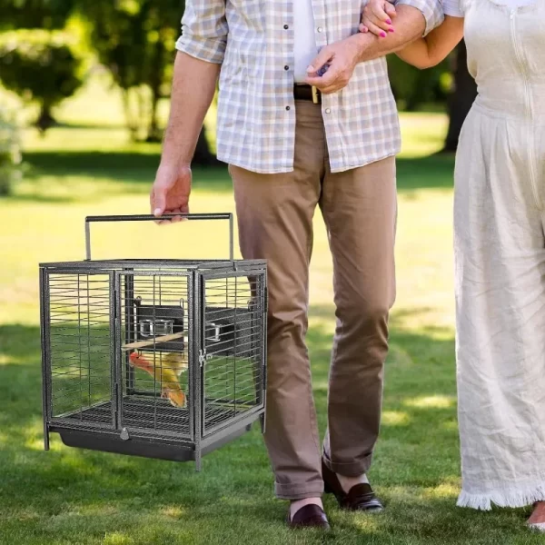 Portable Bird Travel Carrier Cage Black 19 Inch with Handle, Wooden Perch, Parrot Travel cage Medium Birds for Cockatiels, - Image 2