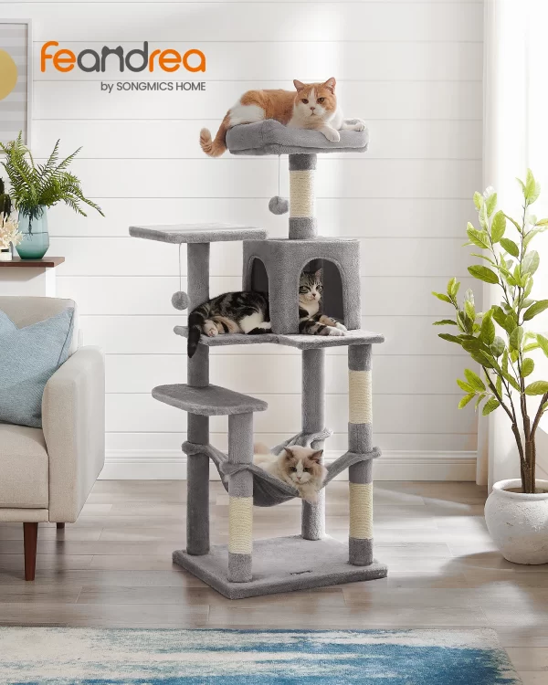 Feandrea Cat Tree, 56.3-Inch Cat Tower for Indoor Cats, Multi-Level Cat Condo with 4 Scratching Posts, 2 Perches, Hammock, Cave - Image 2