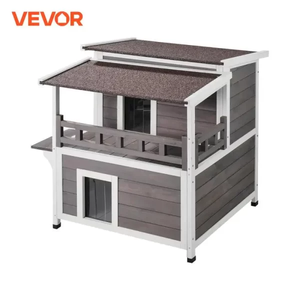 VEVOR Outdoor Cat House Weatherproof Feral Cat Shelter 2-story Large Outdoor Wooden Cat House with Balcony Door and Open Roof - Image 2