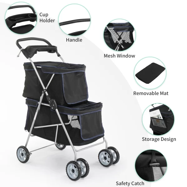 Pet Stroller for 2 Dogs/Cats, Double 4-Wheel Carrier Jogger for Small-Medium Pets, Waterproof Folding Crate with Soft Pad. - Image 3
