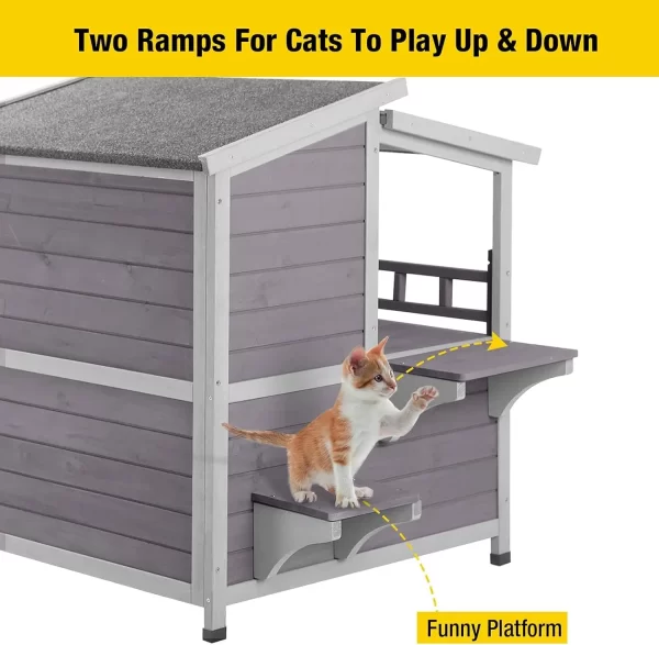 Outdoor Cat House Wooden Kitty Shelter with Large Balcony, Escape Door, Waterproof - Image 5