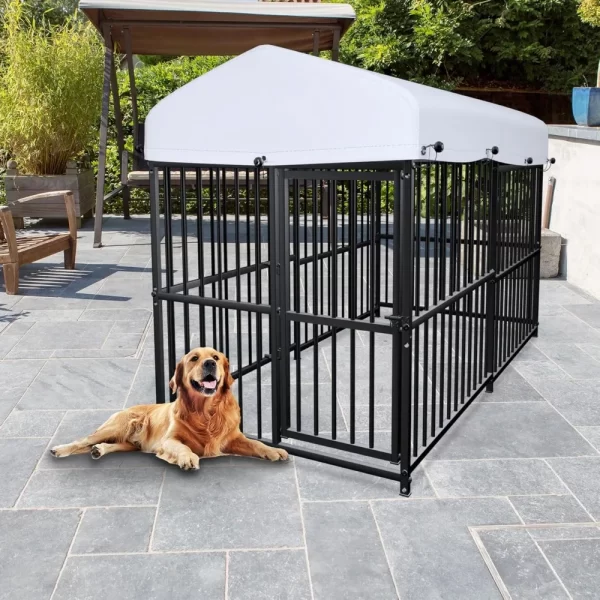 7.8' x 4' x 5' Outdoor Large Wrought Iron Dog Kennel Enclosures with Roof, Heavy Duty Playpen Crate Pet Kennel with Waterproof - Image 3
