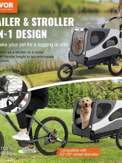 Supports up to 66/88/100 lbs, 2-in-1 Pet Stroller Cart Bicycle Carrier, Universal Coupler, Reflectors, Flag