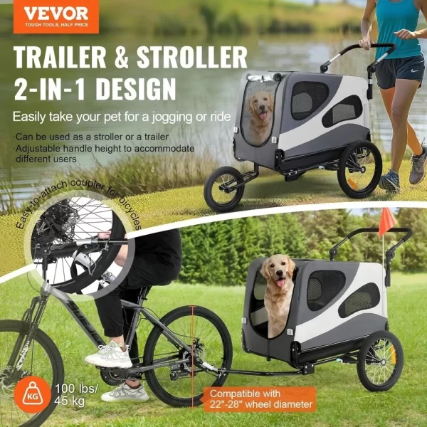 Supports up to 66/88/100 lbs, 2-in-1 Pet Stroller Cart Bicycle Carrier, Universal Coupler, Reflectors, Flag