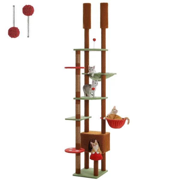 Adjustable Cat Tree, Floor to Ceiling Cat Condo, Hanging Ball, 5 Scratching Posts, Hammock, Ample Resting Place for Cats - Image 4