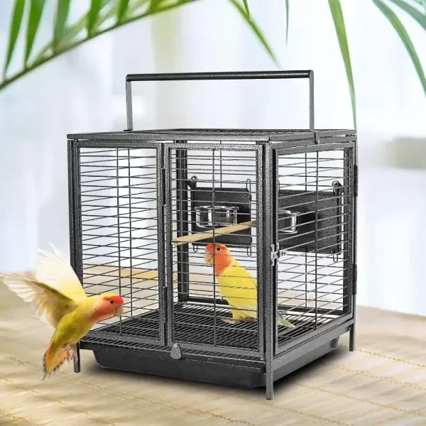 Portable Bird Travel Carrier Cage Black 19 Inch with Handle, Wooden Perch, Parrot Travel cage Medium Birds for Cockatiels,