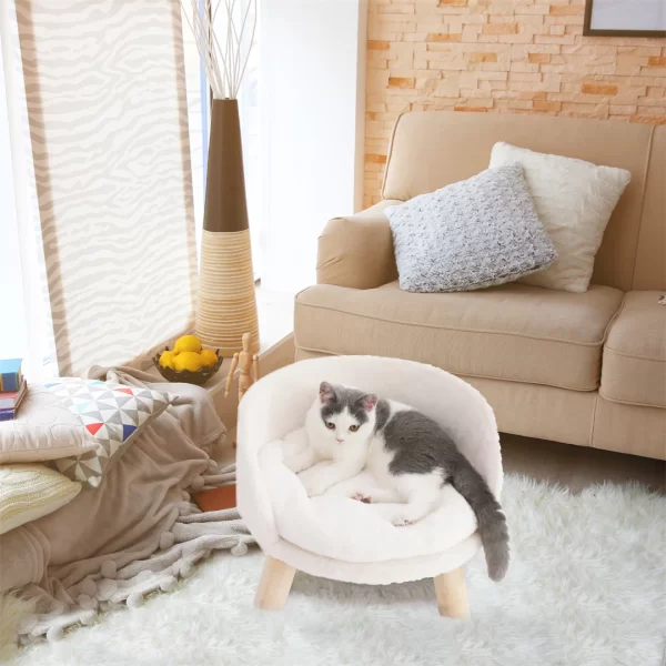 Luxury Cat Bed Soft Warm Plush Fabric Pet Nesting Chair Bed Stool Wood Legs with Cushion Pad Washable Waterproof - Image 3