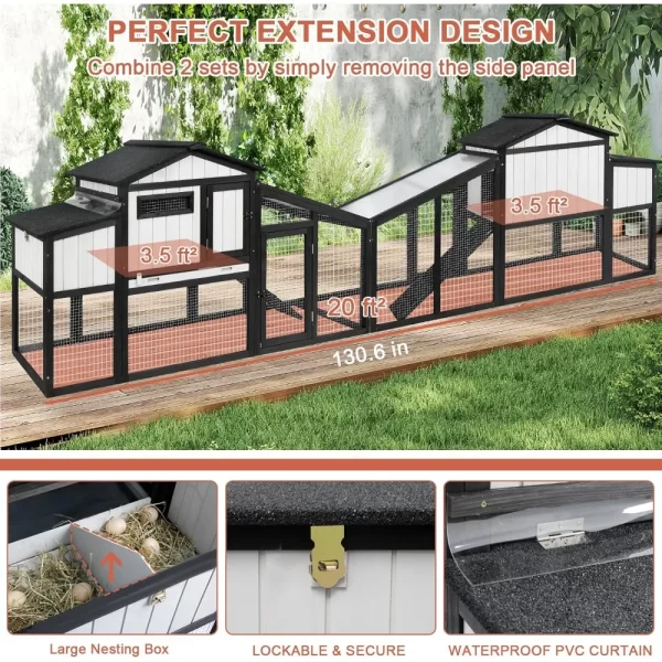 65.3" L Chicken Coop and Run, Wooden Hen House for 1-2 Chickens with Nesting Box, Tray, Perches Indoor/Outdoor Pet Hutch Backyard - Image 5
