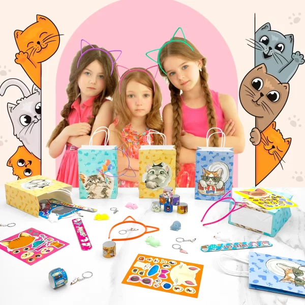 Cat Party Favors, 72pcs Kitty Party Favors Set Including Cat Goodie Bags Ears Headband Stickers Keychains Slap Bracelets etc - Image 4
