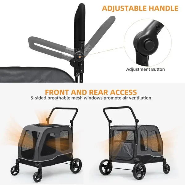 Foldable Dog Stroller 4-Wheel Pet Wagon Adjustable Handle Dual-Entry Reflective Strips Washable Pad - Image 4