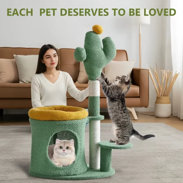 32" Cat Tree, Cat Tower with Cactus Cat Scratching Post, Cozy Cat House - Image 4