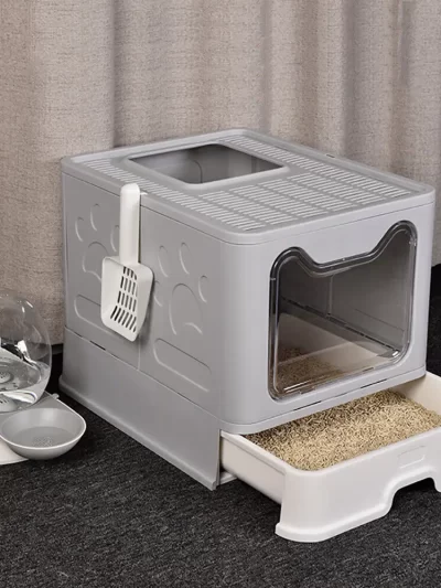 Bingopaw XXL Large Space Foldable Cat Litter Box with Front Entry & Top Exit with Tray