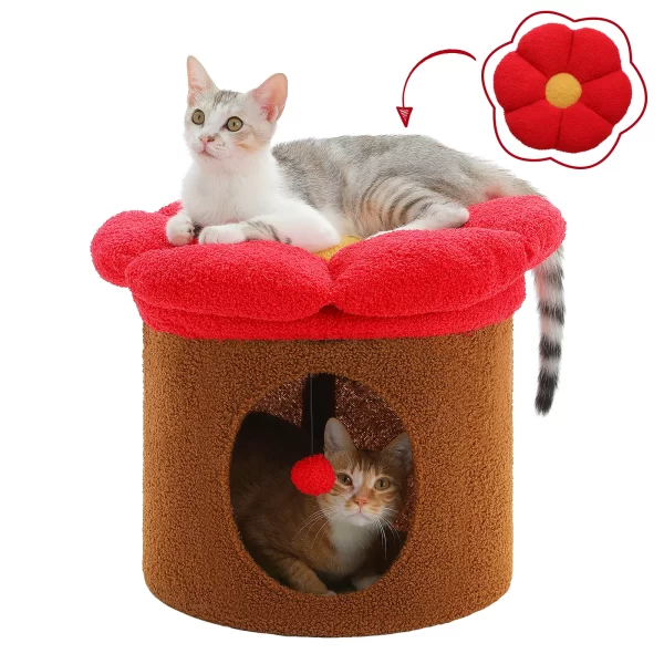 Cat Beds for Indoor Cats, Large Cat House with Removable Flower Cat Bed, Cute Cat Cave Cat Hideaway, Indoor Cat House Condo - Image 9