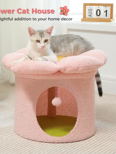 Cat Beds for Indoor Cats, Large Cat House with Removable Flower Cat Bed, Cute Cat Cave Cat Hideaway, Indoor Cat House Condo