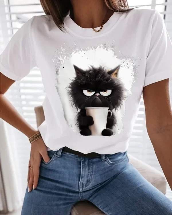 Women's T Shirt Tee Cat Daily Weekend Black Print Short Sleeve Fashion Funny Round Neck Regular Fit Summer - Image 7