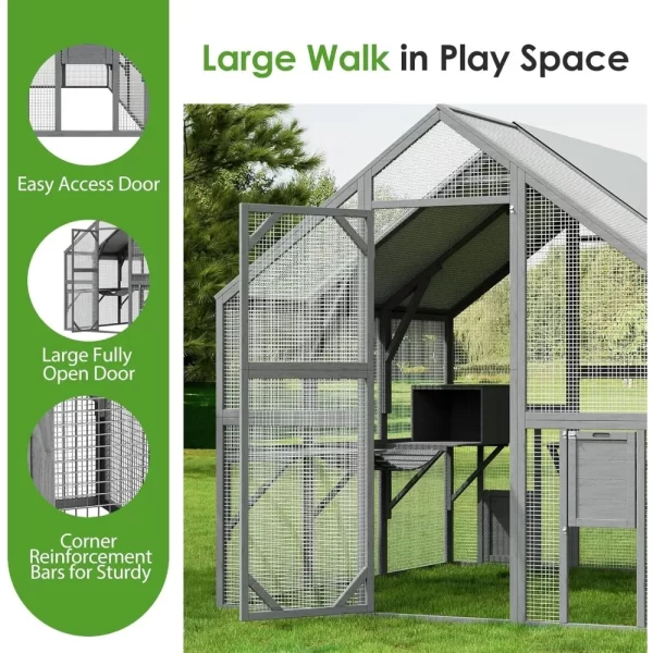 Large Outdoor Cat House, 43ft Luxury Wooden Cat Run Enclosure Walk in Kitten Condo Catio with 2 Doors, 2 Playpen & Hiding House - Image 3