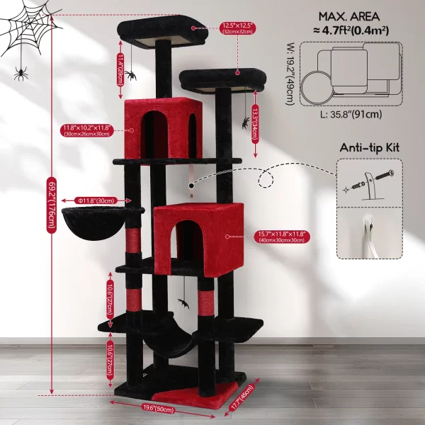 F69 Gothic Cat Tree, 69inch Tall Goth Cat Tree for Indoor Cats Large Adult, Red and Black Cat Tree Tower, Halloween Cat Tower - Image 2