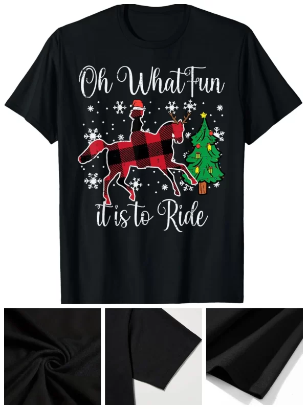 Womens Festive Horse Riding Fun T-Shirt | Christmas Crewneck | Cozy Fashion Tee | Must-Have Street Style T-Shirt - Image 2