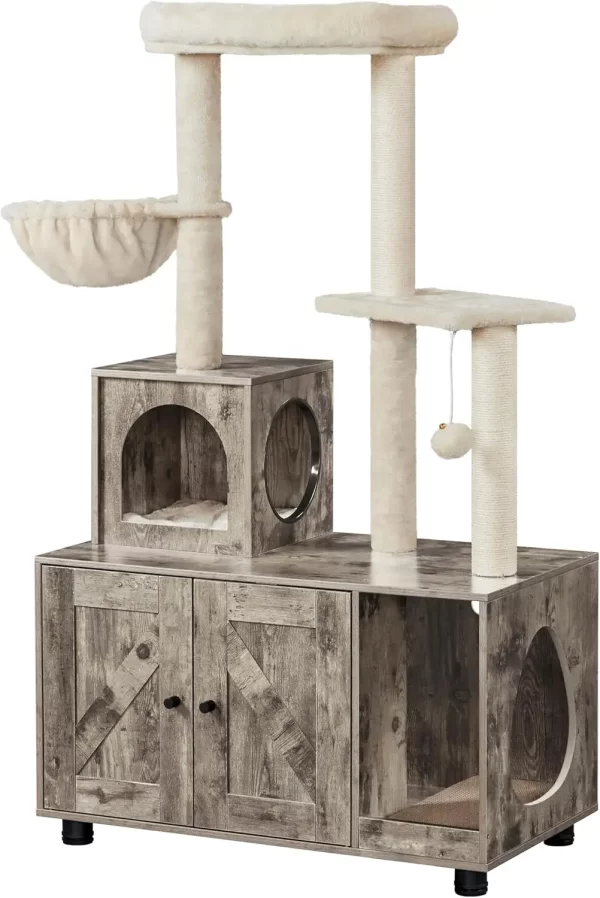 Cat Tree, All-in-one Indoor Kitten House w/Scratching Posts, Wooden Cat Litter Box Furniture - Image 7