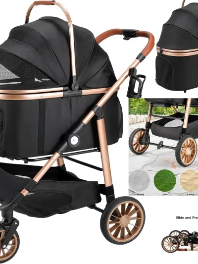 360° Rubber Wheels and Shock Absorption Dog Buggy Stroller Box Can Be Attached in Car, Transport Foldable Pet Stroller Max.40 kg