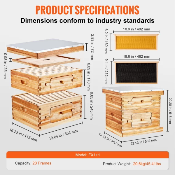 VEVOR Bee Hive Deep Box Starter Kit 100% Beeswax Coated Natural Cedar Wood Langstroth Beehive Kit Transparent Acrylic - Image 8