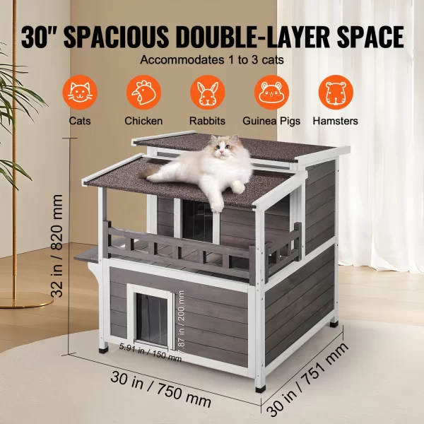 VEVOR Outdoor Cat House Weatherproof Feral Cat Shelter 2-story Large Outdoor Wooden Cat House with Balcony Door and Open Roof - Image 6