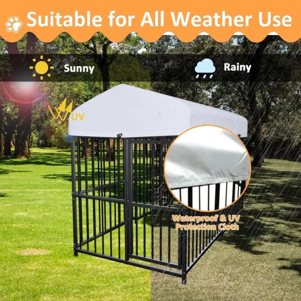 7.8' x 4' x 5' Outdoor Large Wrought Iron Dog Kennel Enclosures with Roof, Heavy Duty Playpen Crate Pet Kennel with Waterproof