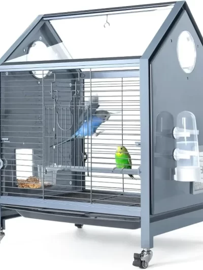 Acrylic Bird Cage, 25 Inch Deluxe Rolling  Cage with Acrylic Panel Medium Bird Cage Kit with Bird Feeders, Water Bottle,