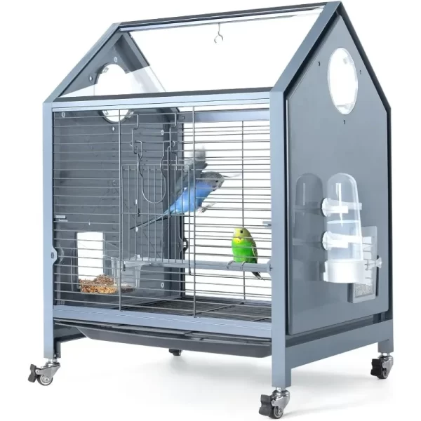 Acrylic Bird Cage, 25 Inch Deluxe Rolling  Cage with Acrylic Panel Medium Bird Cage Kit with Bird Feeders, Water Bottle,