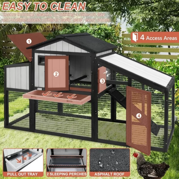 65.3" L Chicken Coop and Run, Wooden Hen House for 1-2 Chickens with Nesting Box, Tray, Perches Indoor/Outdoor Pet Hutch Backyard - Image 4