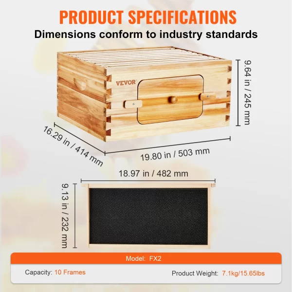 VEVOR Bee Hive Deep Box Starter Kit 100% Beeswax Coated Natural Cedar Wood Langstroth Beehive Kit Transparent Acrylic - Image 11