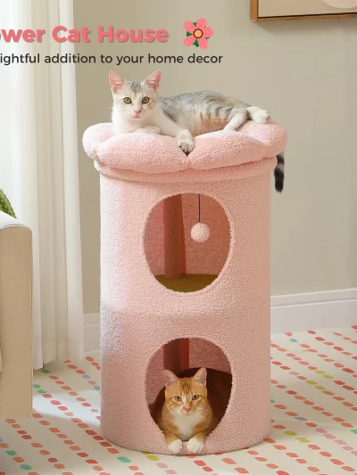2-Story Cat Beds for Indoor Cats Large Cat House with Removable Flower Cat Bed, Cute Cat Cave Cat Hideaway Indoor Cat Condo