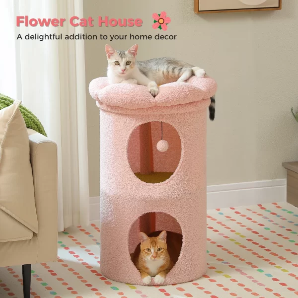 2-Story Cat Beds for Indoor Cats Large Cat House with Removable Flower Cat Bed, Cute Cat Cave Cat Hideaway Indoor Cat Condo