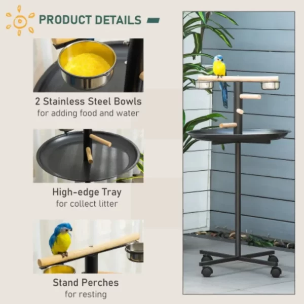 PawHut Bird Play Stand, Portable Parrot Perch, Bird Feeder Station, With Four Wheels, Stainless Steel Feeding Bowls - Image 6