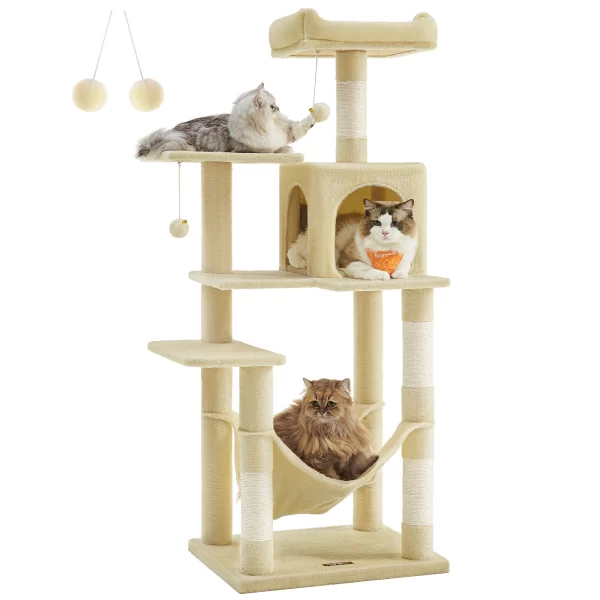Feandrea Cat Tree, 56.3-Inch Cat Tower for Indoor Cats, Multi-Level Cat Condo with 4 Scratching Posts, 2 Perches, Hammock, Cave - Image 7