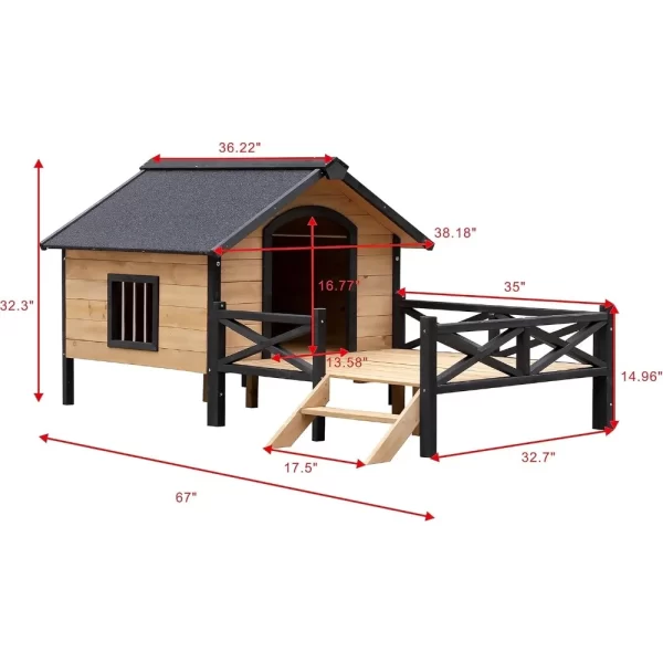 Outdoor Large Kennel Dog Crate - Wooden House with Window Cabin House Style Wooden Dogs Kennel with Porch Patio  Bed - Image 5