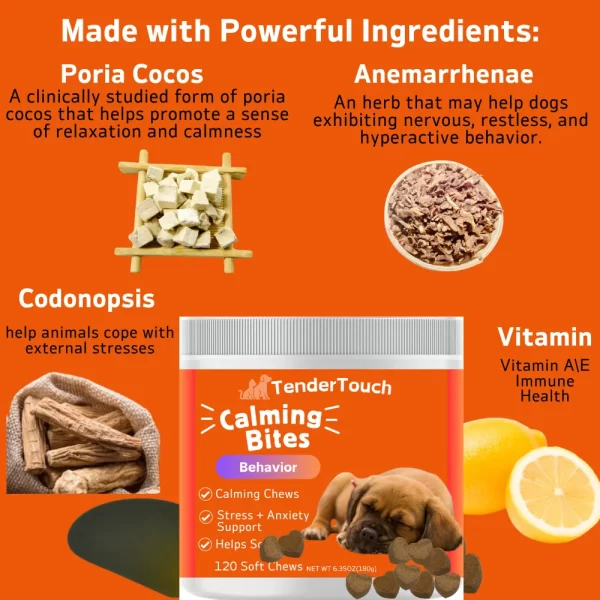 120 Chews - 1 Pack (1 x 180g/6.35oz) 180g/6.35oz - Tender Touch Calming for Dogs - Help Natural Dog Anxiety  for Everyday Stress - Image 4
