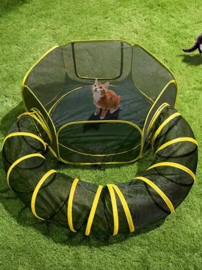 Outdoor Cat Enclosures 2-in-1, Portable Catio w/Cat Tent, Circle Playpen Tunnel