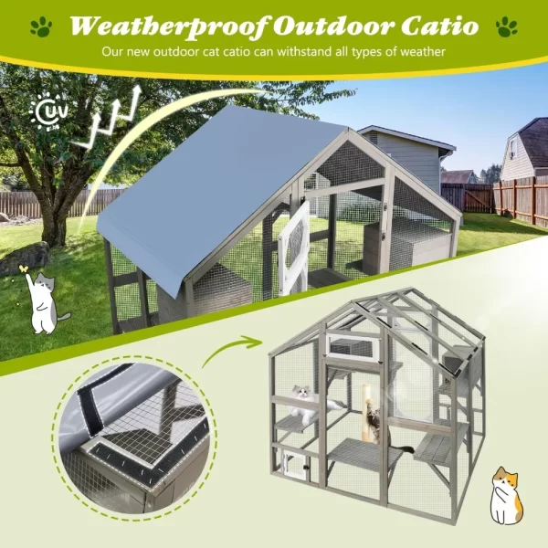 Cat Catio Outdoor Enclosure Outside Patio Large Catio House for Indoor 2-3 Cats Weatherproof Wooden Walk in Kitty Kennel - Image 4
