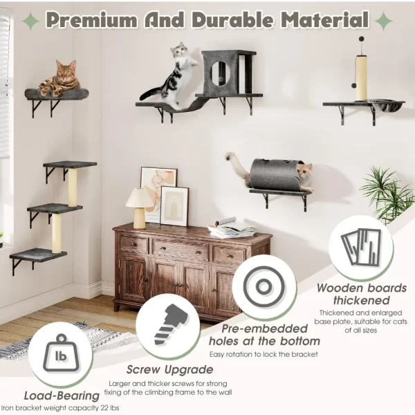 7-in-1 Wall Mounted Cat Climber Set, Cat Furniture Set with House, Bridge, Tree, Steps, Scratcher, DIY Playground, Shelves - Image 6