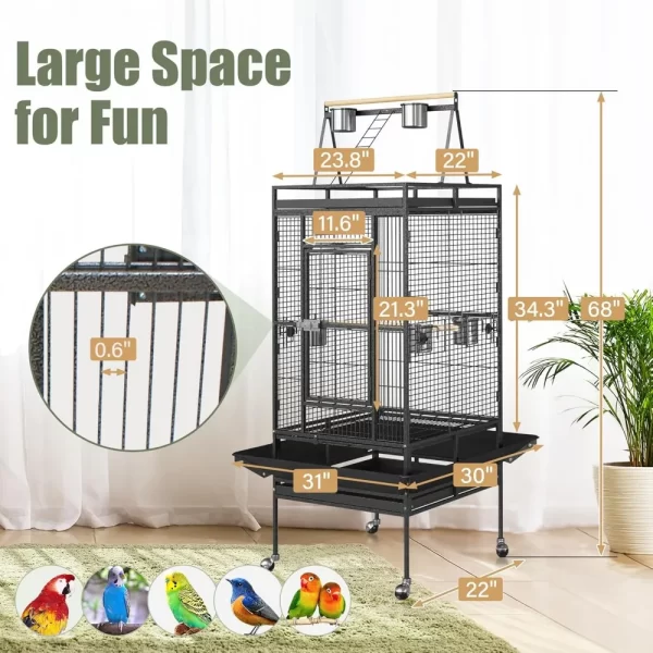 Playtop Parrot Cage, Wrought Iron Bird Cage with Rolling Stand, Heavy-Duty Pet Bird House - Image 4