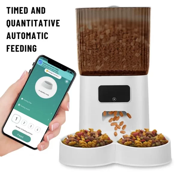 Smart Pet Feeder with Dual Bowls - 5L Transparent Storage, WiFi APP Control, Automatic Timed Dispensing for Cats & Dogs, Battery - Image 2