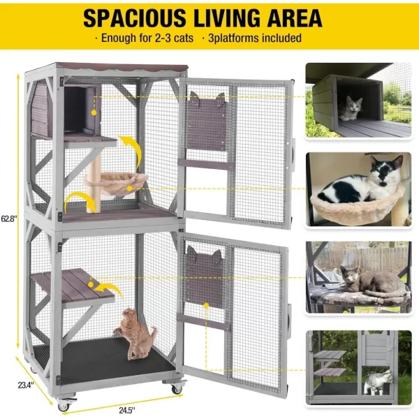 Cat Catio Outdoor House Movable Cat Enclosures on Exercise Wheels Cats Cage with Upgraded Resting Box, Waterproof Cover - Image 5